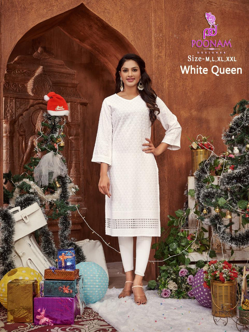 Poonam White Queen Rayon With Beautiful Work Stylish Designer Festive Wear Fancy Kurti
