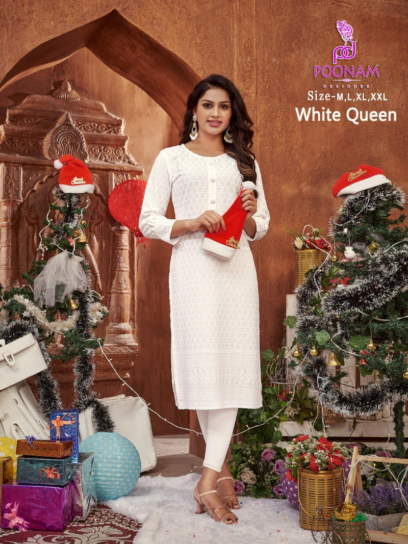 Poonam White Queen Rayon With Beautiful Work Stylish Designer Festive Wear Fancy Kurti
