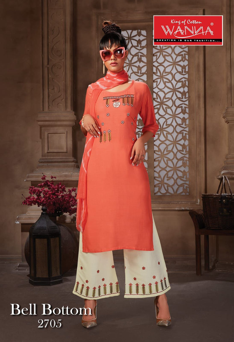 Wanna Launch Bell Bottom Rayon With Embroidery Work Designer Long Straight Fancy Kurtis