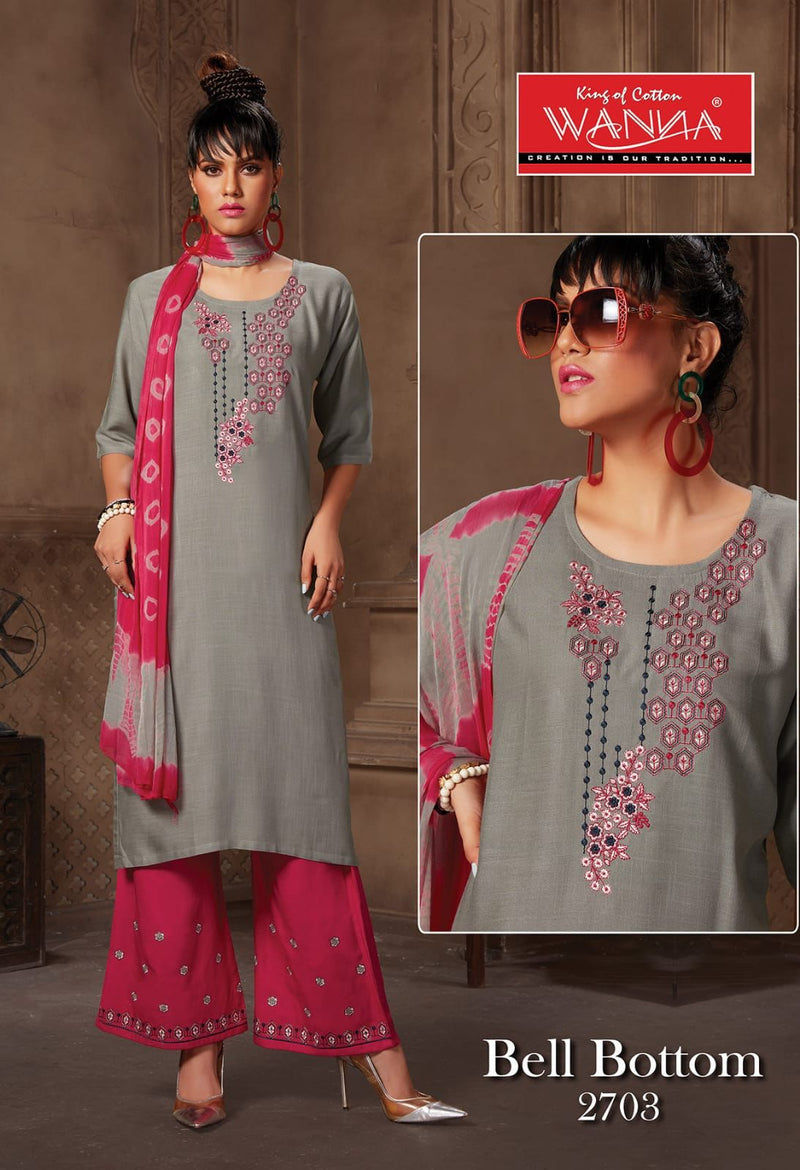 Wanna Launch Bell Bottom Rayon With Embroidery Work Designer Long Straight Fancy Kurtis