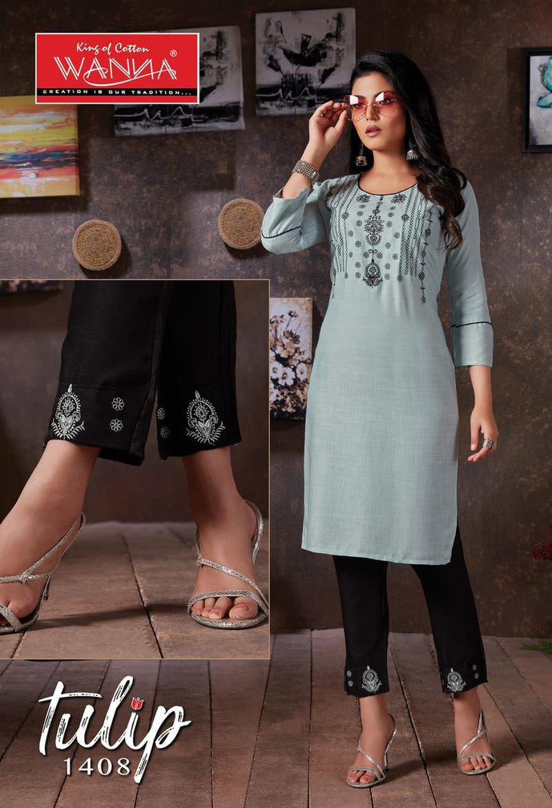 Wanna Launch By Tulip Rayon Fancy Work Designer Attractive Look Readymade Casual Wear Kurtis