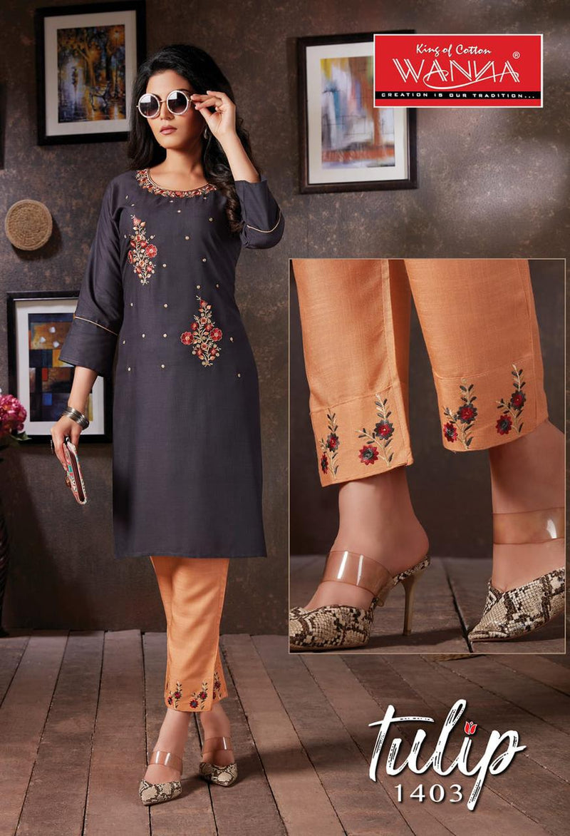 Wanna Launch By Tulip Rayon Fancy Work Designer Attractive Look Readymade Casual Wear Kurtis