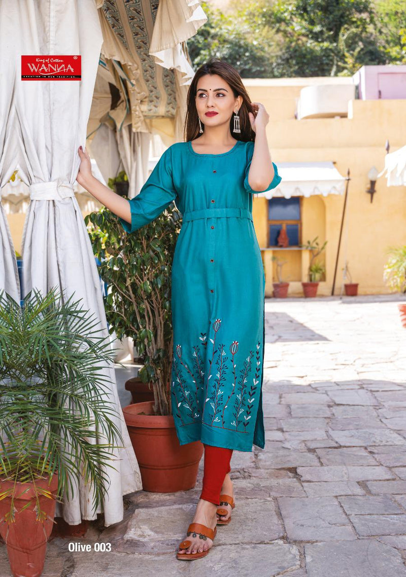 Wanna Olive Heavy Rayon With Heavy Embroidery Work Long Straight Casual Wear Fancy Kurtis
