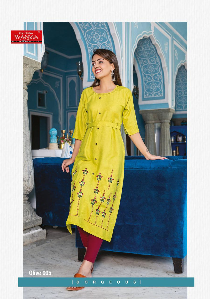 Wanna Olive Heavy Rayon With Heavy Embroidery Work Long Straight Casual Wear Fancy Kurtis