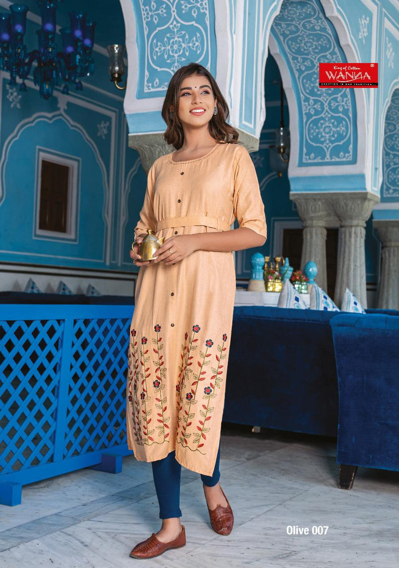 Wanna Olive Heavy Rayon With Heavy Embroidery Work Long Straight Casual Wear Fancy Kurtis