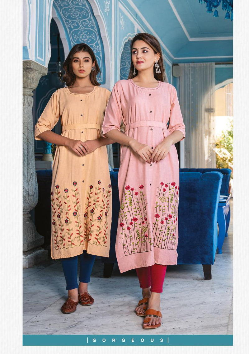 Wanna Olive Heavy Rayon With Heavy Embroidery Work Long Straight Casual Wear Fancy Kurtis