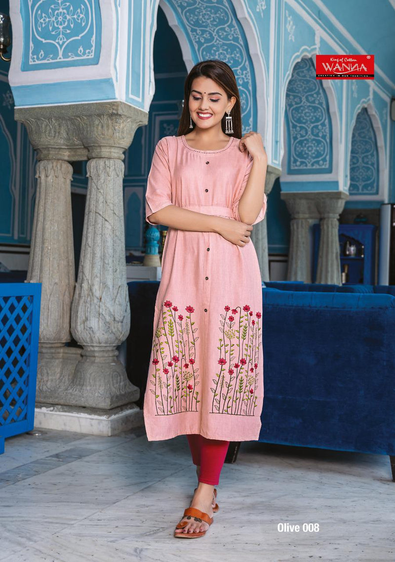 Wanna Olive Heavy Rayon With Heavy Embroidery Work Long Straight Casual Wear Fancy Kurtis