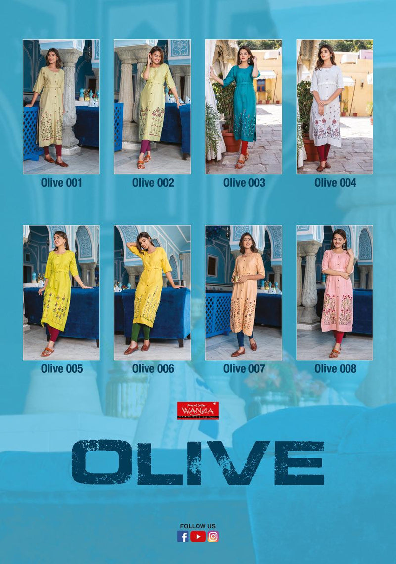 Wanna Olive Heavy Rayon With Heavy Embroidery Work Long Straight Casual Wear Fancy Kurtis