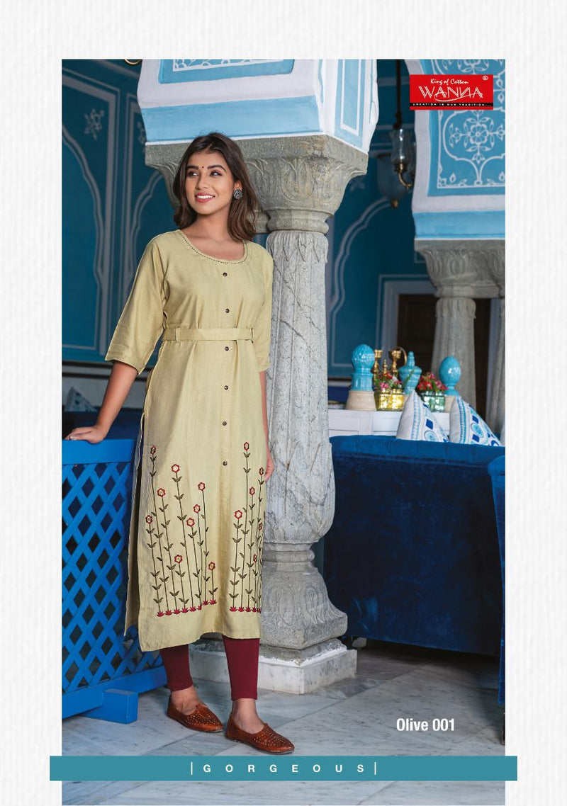 Wanna Olive Heavy Rayon With Heavy Embroidery Work Long Straight Casual Wear Fancy Kurtis