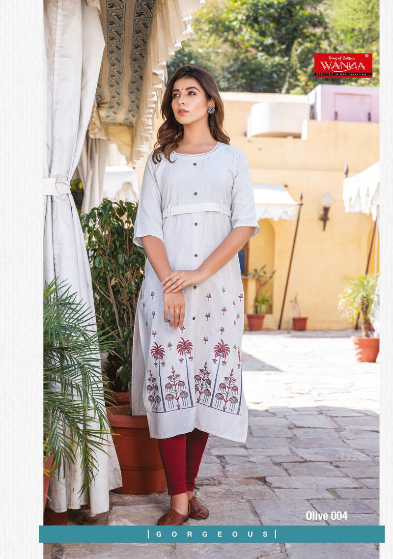 Wanna Olive Heavy Rayon With Heavy Embroidery Work Long Straight Casual Wear Fancy Kurtis