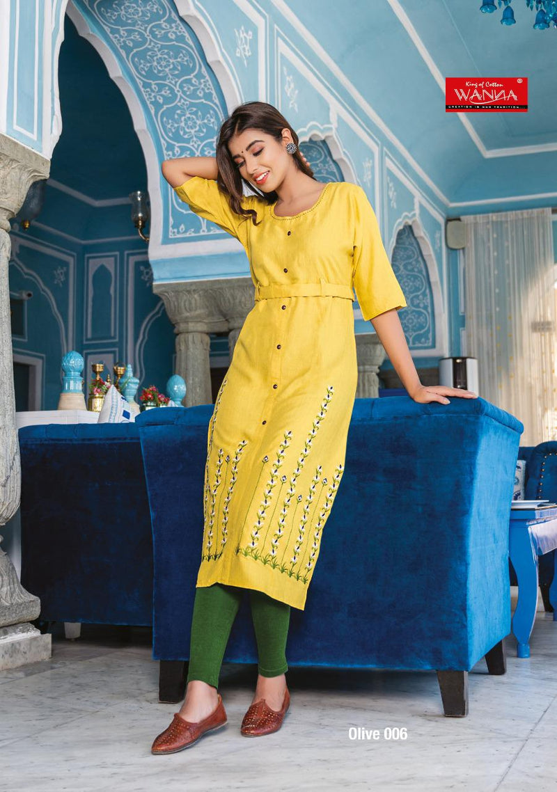 Wanna Olive Heavy Rayon With Heavy Embroidery Work Long Straight Casual Wear Fancy Kurtis