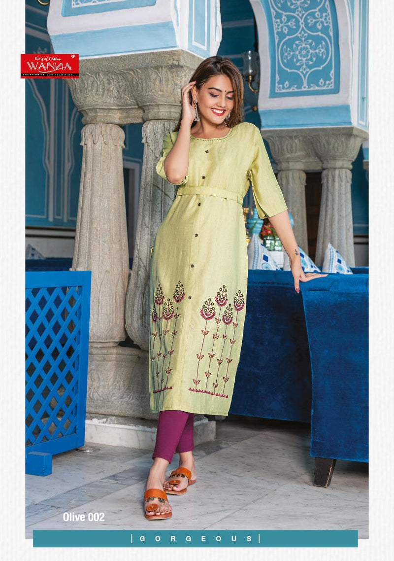 Wanna Olive Heavy Rayon With Heavy Embroidery Work Long Straight Casual Wear Fancy Kurtis