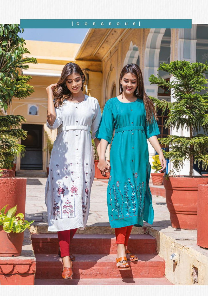 Wanna Olive Heavy Rayon With Heavy Embroidery Work Long Straight Casual Wear Fancy Kurtis