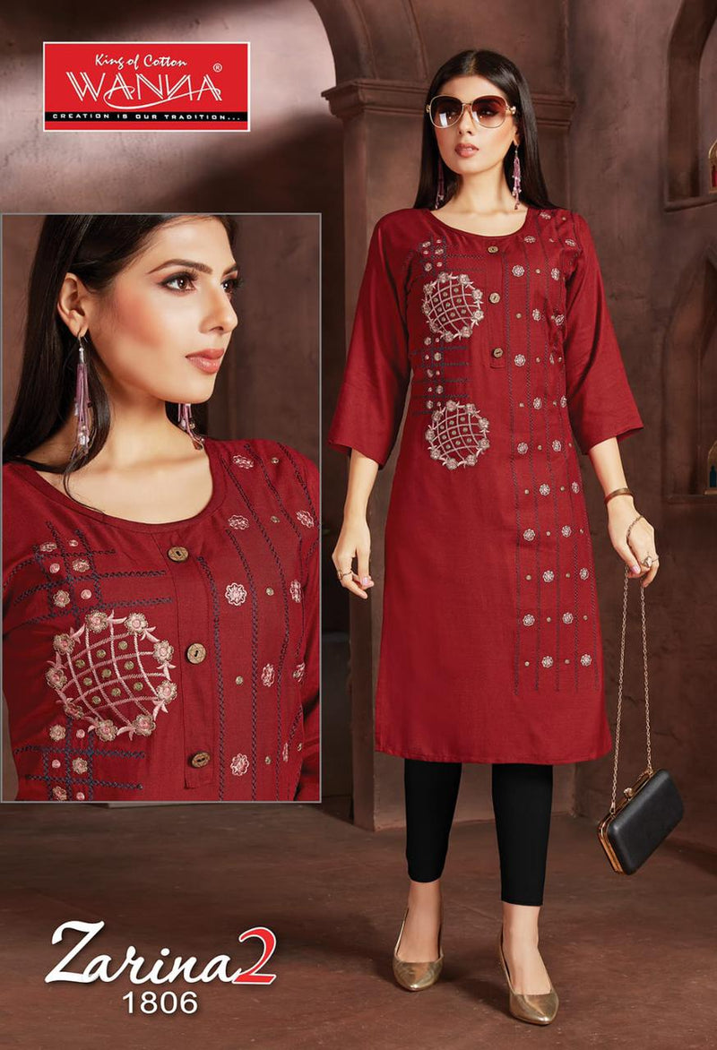 Wanna Zarina Vol 2 Fancy Rayon Embroidery Work Designer Casual Wear Long Straight Kurtis