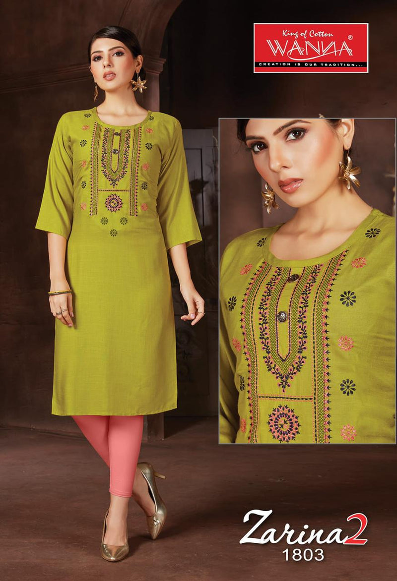 Wanna Zarina Vol 2 Fancy Rayon Embroidery Work Designer Casual Wear Long Straight Kurtis