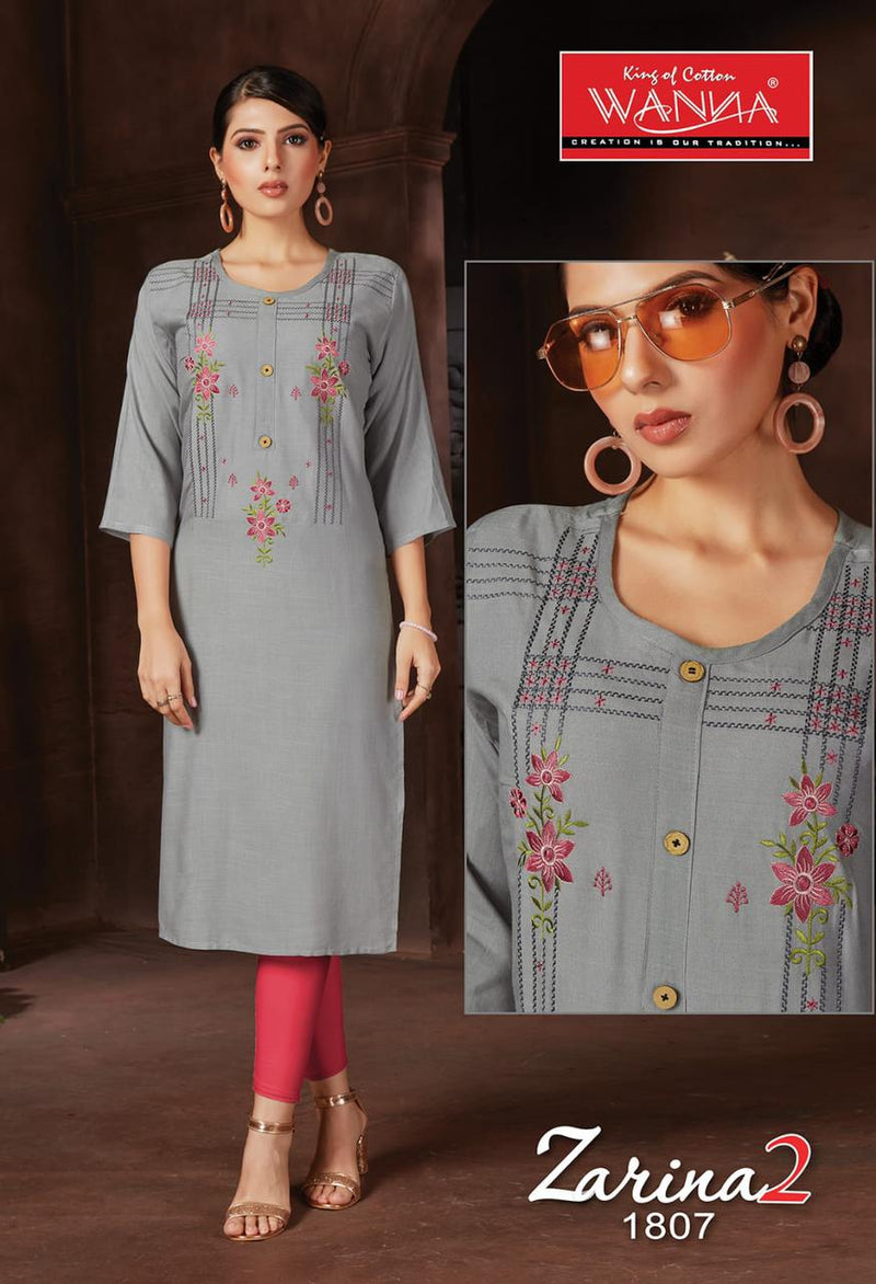 Wanna Zarina Vol 2 Fancy Rayon Embroidery Work Designer Casual Wear Long Straight Kurtis