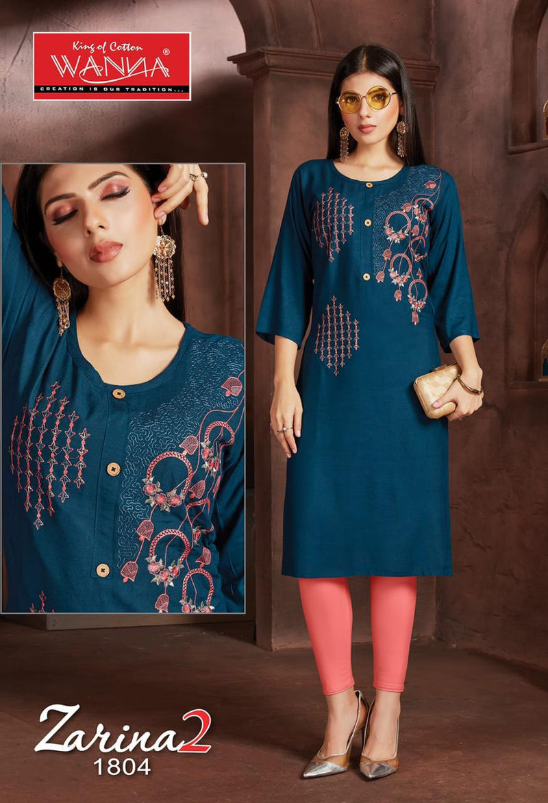 Wanna Zarina Vol 2 Fancy Rayon Embroidery Work Designer Casual Wear Long Straight Kurtis