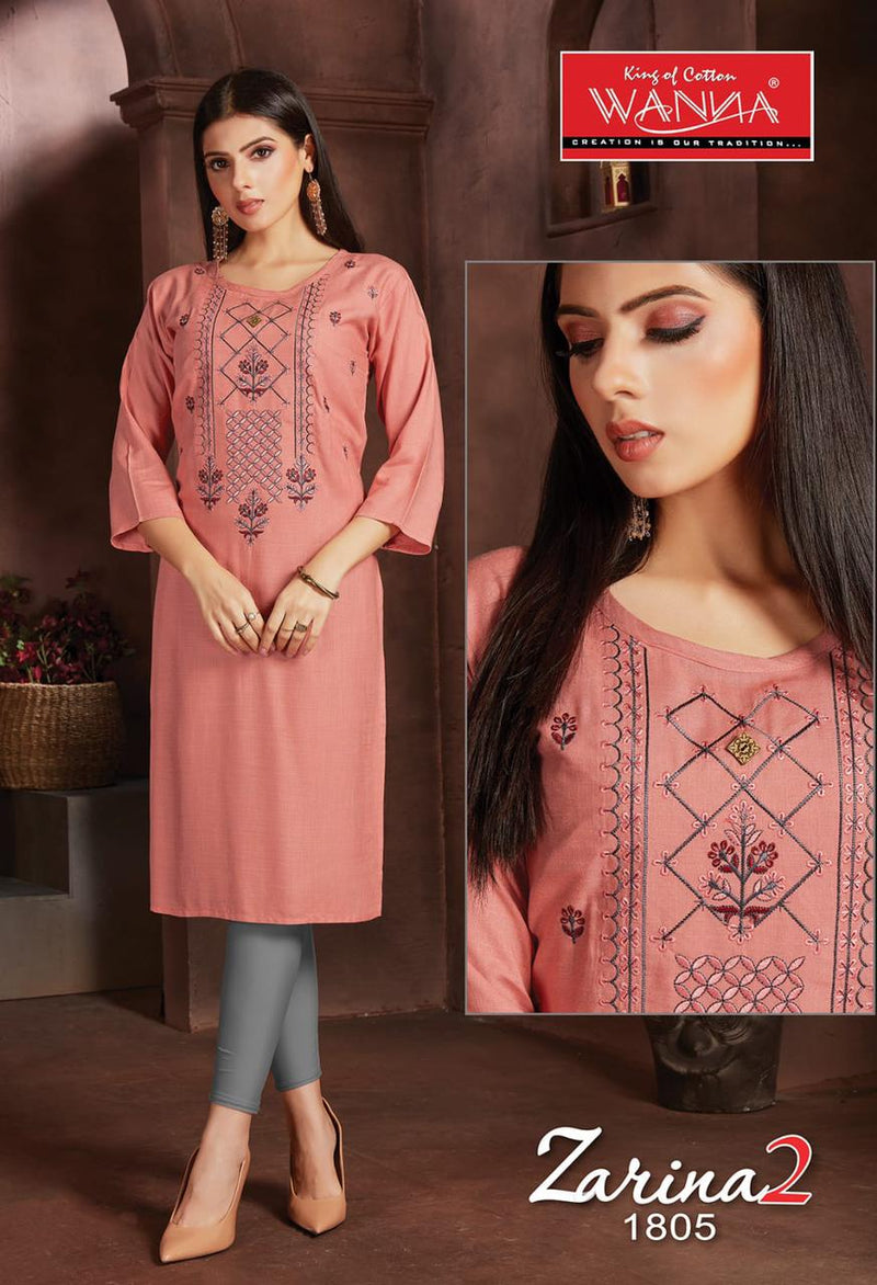 Wanna Zarina Vol 2 Fancy Rayon Embroidery Work Designer Casual Wear Long Straight Kurtis