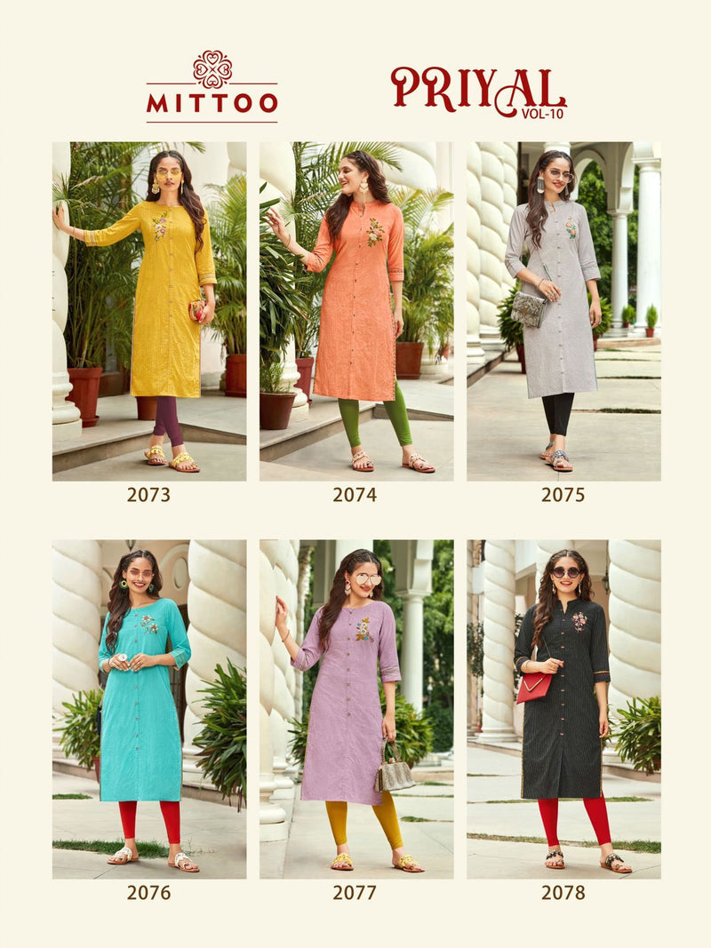 Mittoo Priyal Dno 2073 To 2078 Pure Cotton Daily Wear Stylish Designer Casual Kurti