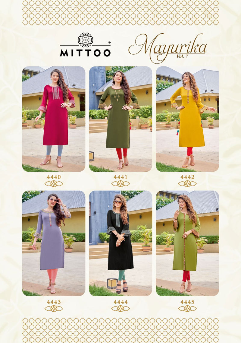 Mittoo Mayurika Vol 7 Rayon With Fancy Stylish Designer Casual Look Kurti