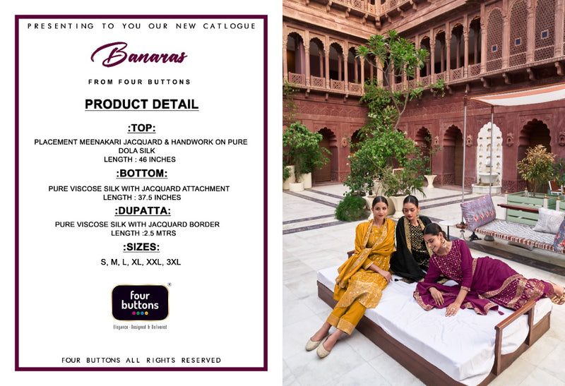 Four Buttons Banaras Silk Stylish Designer Fancy Party Wear Kurti