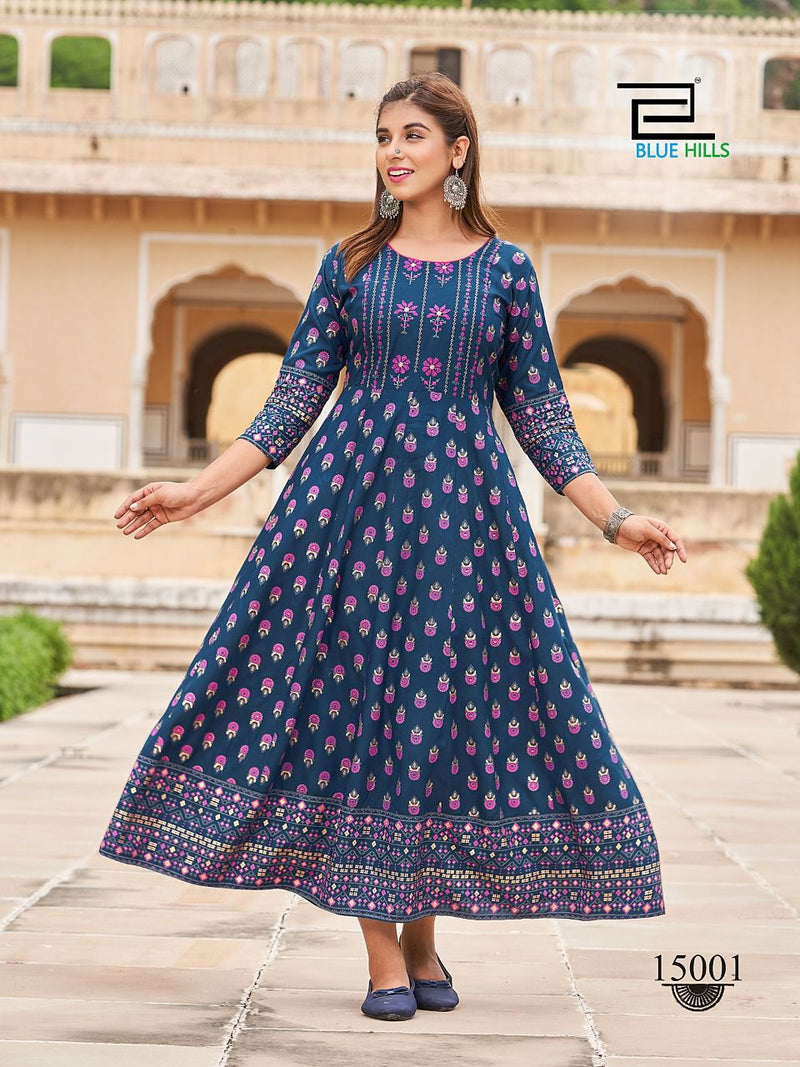 Blue Hills Up To Date Rayon With Embroidery Work Stylish Designer Fancy Long Kurti