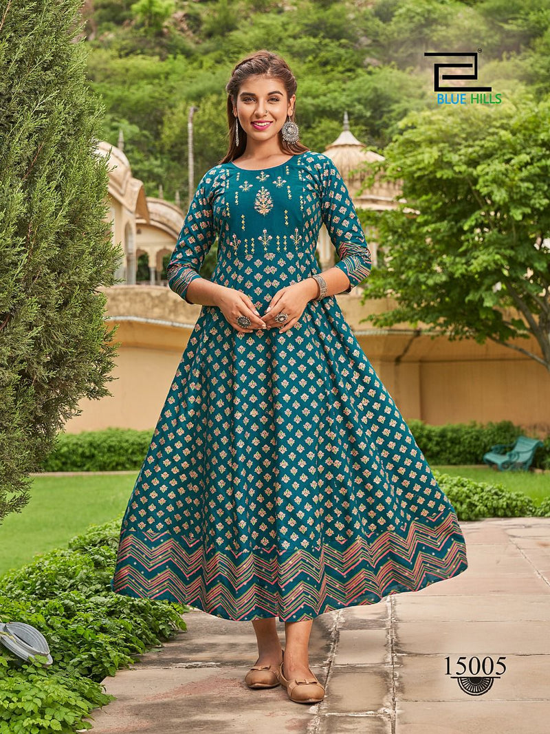 Blue Hills Up To Date Rayon With Embroidery Work Stylish Designer Fancy Long Kurti