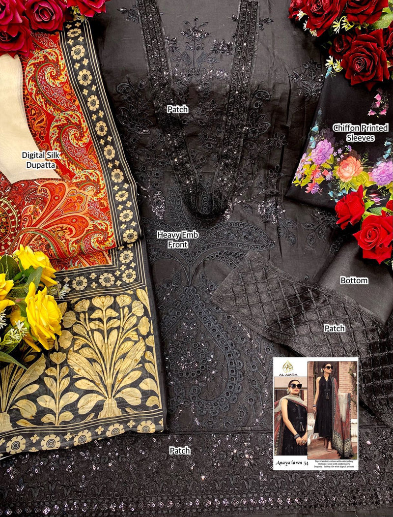 Al Amra Anaya Lawn 34 Cambric Cotton With Embroidery Work Designer Wear Salwar Suit