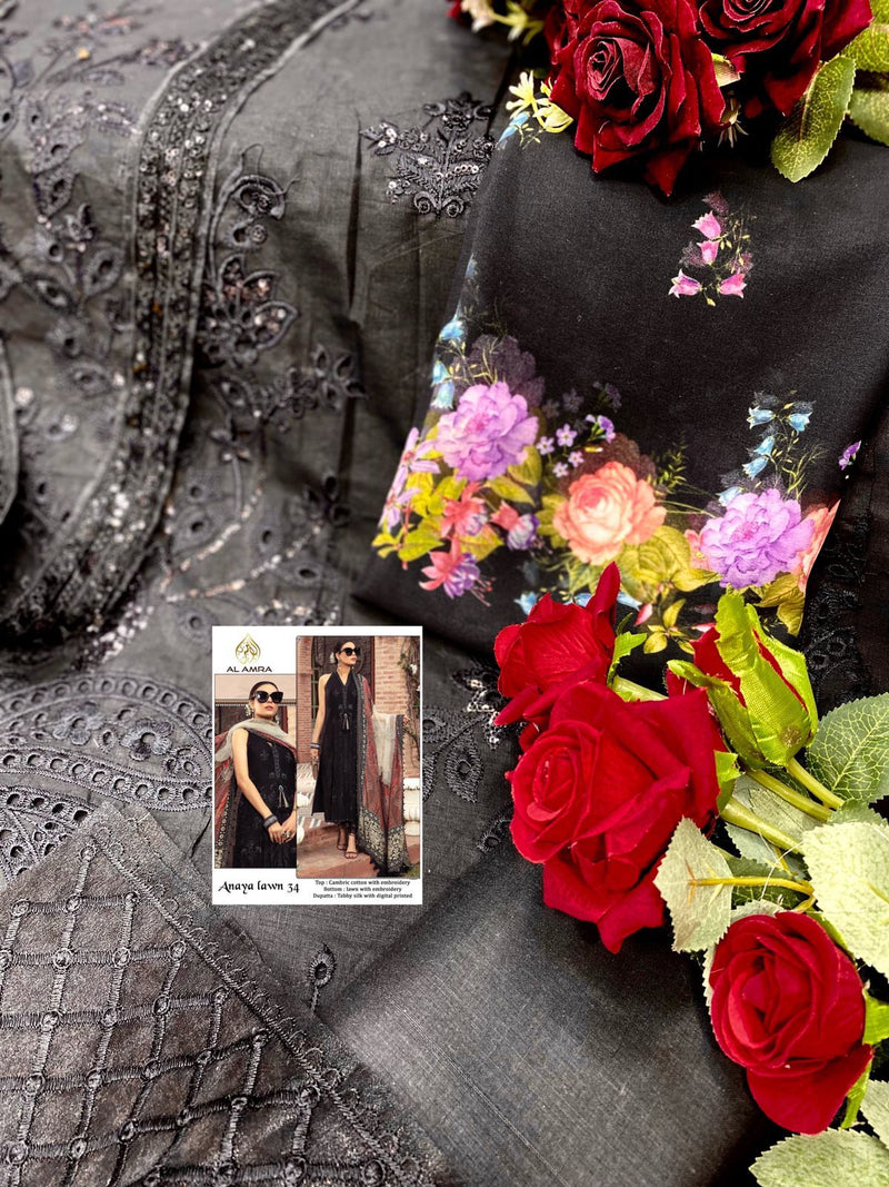 Al Amra Anaya Lawn 34 Cambric Cotton With Embroidery Work Designer Wear Salwar Suit