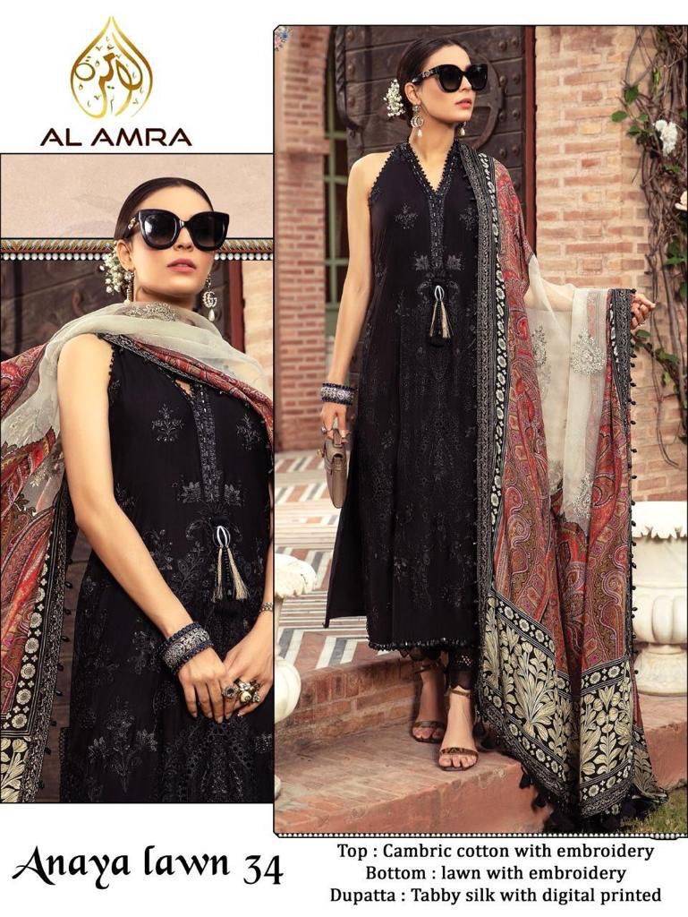 Al Amra Anaya Lawn 34 Cambric Cotton With Embroidery Work Designer Wear Salwar Suit