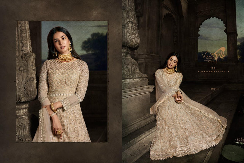 Vouch Fashion Moh Dno 8801 Net Stylish Designer Wedding Wear Long Graceful Look Gown