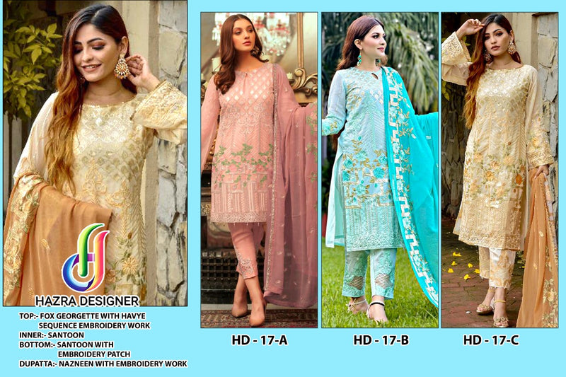 Hazra Designer Dno 17 A Georgette Stylish Designer Heavy Embroidered Work Pakistani Style Salwar Suit