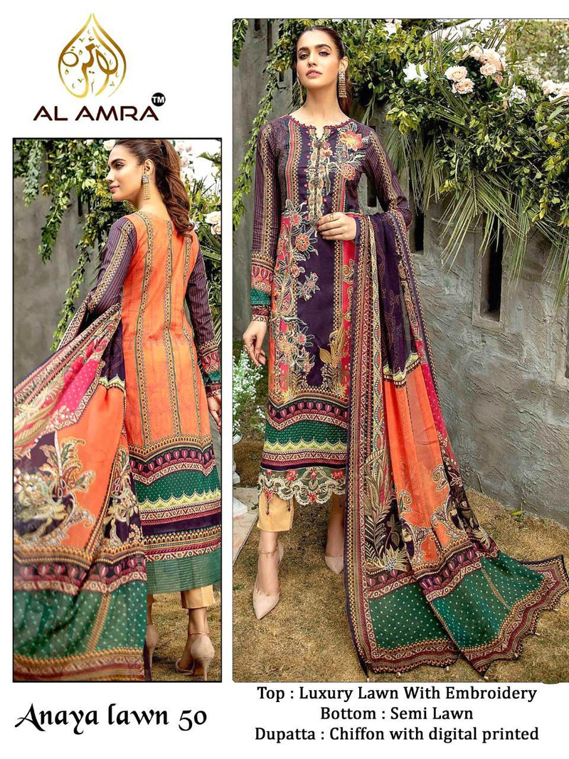 Al Amra Dno Anaya Lawn 50 Georgette With Emeroidery Work Stylish Designer Pakistani Salwar Suit