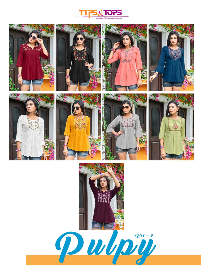 Tip & Top Pulpy Vol 9 Rayon With Heavy Embroidery Work Stylish Designer Fancy Short Kurti