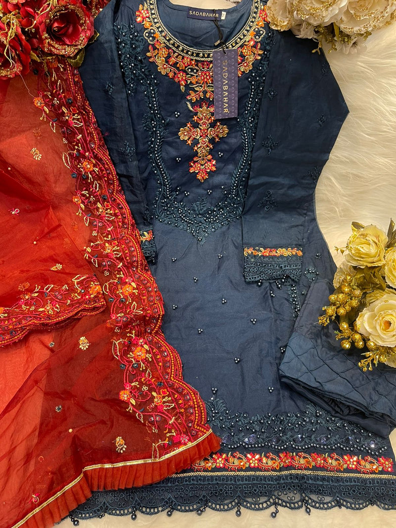 Sada Bahar Dno 009 Organza With Heavy Embroidery Work Stylish Designer Fancy Pret Kurti