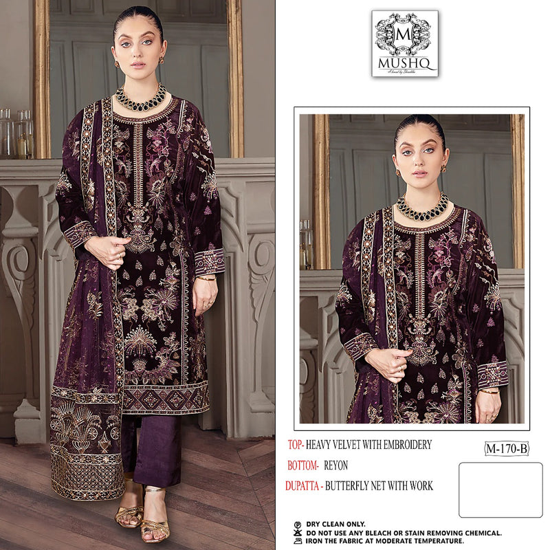Mushq Dno 170 B Velvet Butterfly Net With Heavy Embroidery Work Stylish Designer Wedding Wear Salwar Kameez