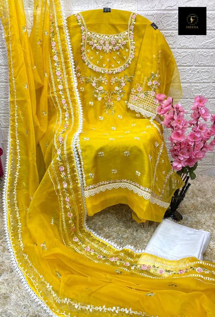 Freesia Designs Haldi Function Special Organza With Heavy Embroidery And GPO Lace Work On Daman And Sleeves Salwar Kameez