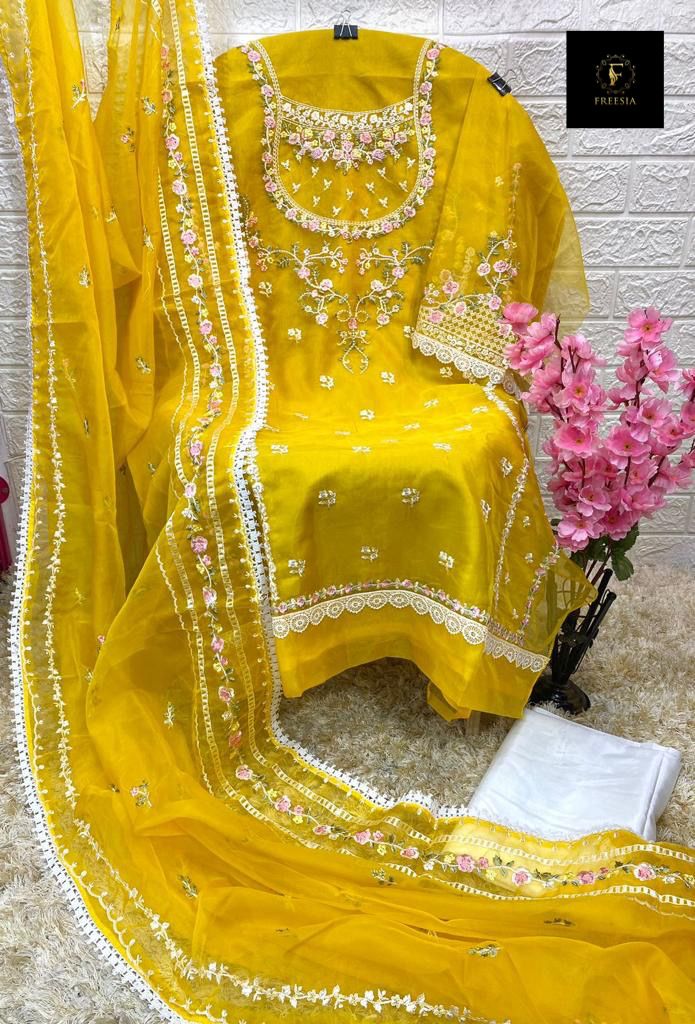 Freesia Designs Haldi Function Special Organza With Heavy Embroidery And GPO Lace Work On Daman And Sleeves Salwar Kameez