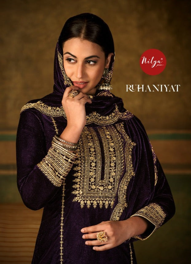 Nitya Ruhaniyat Velvet With Heavy Beautiful Fancy Work Stylish Designer Attractive Look Salwar Kameez