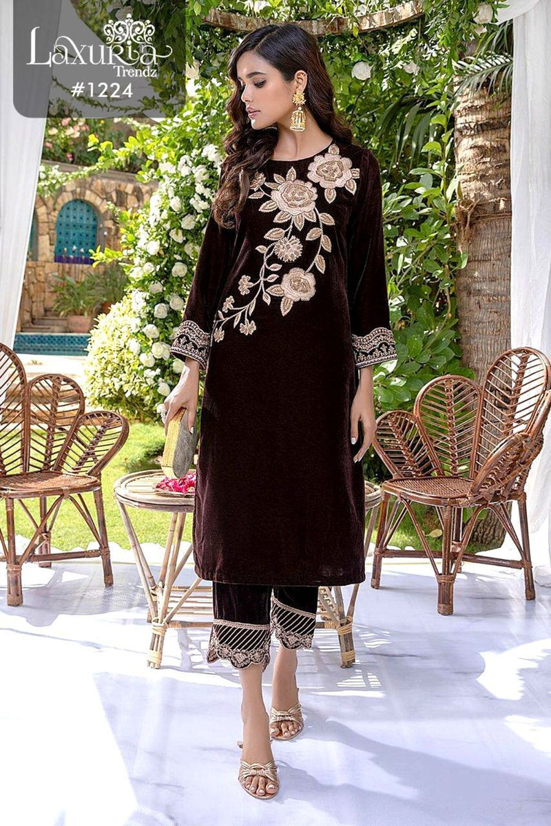 Red Velvet Designer Partywear Kurti with Pant and Golden Embroidery -