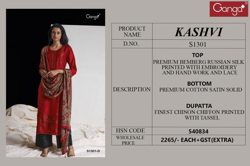 Ganga Dno Kashvi 1301 Russian Silk With Beautiful Work Stylish Designer Festive wear Fancy Salwar Suit