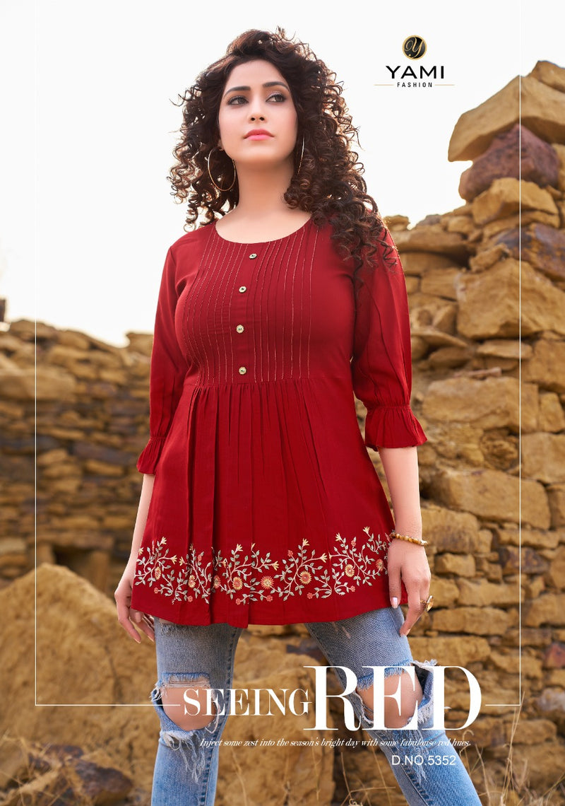 Yami Fashion Launch By Bold Vol 4 Rayon With Embroidery Work Exclusive Short Readymade Tops