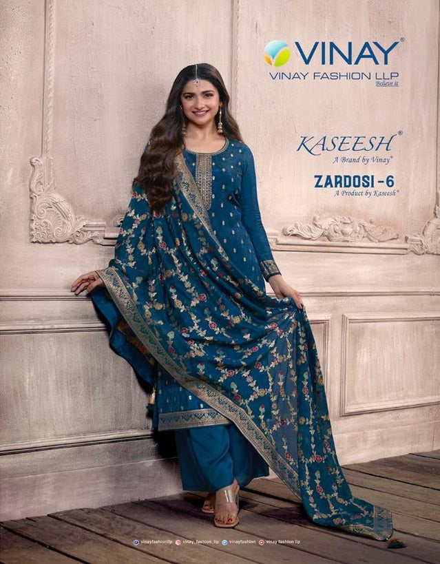 Vinay Fashion Kaseesh Zardosi Vol 6 Embroidery Double Zari Dola Jacquard Self Weaved Fancy Designer Partywear Salwar Suit