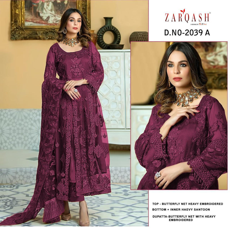 Zarqash Firdous Dn 2039 Butterfly Net With Heavy Embroidery Work Fancy Pakistani Wedding Wear Salwar Suits