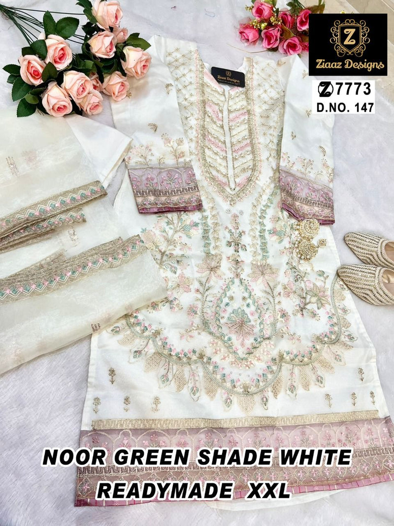 Ziaaz Designs Pearl White D 147 Organza Embroidered Moti Work Handwork Salwar Kameez