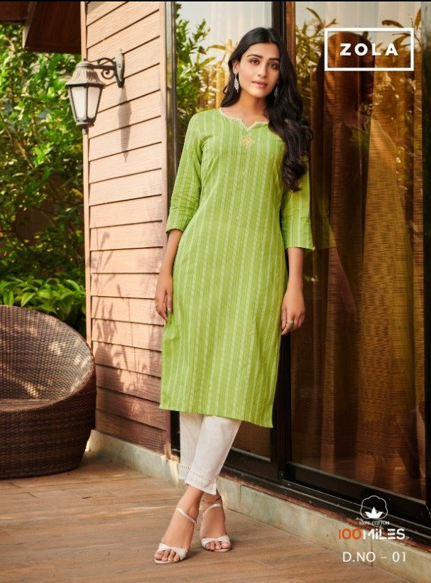 Zola By 100 Miles Pure Cotton Long Straight Fancy Striped With Embroidery Work Designer Kurtis