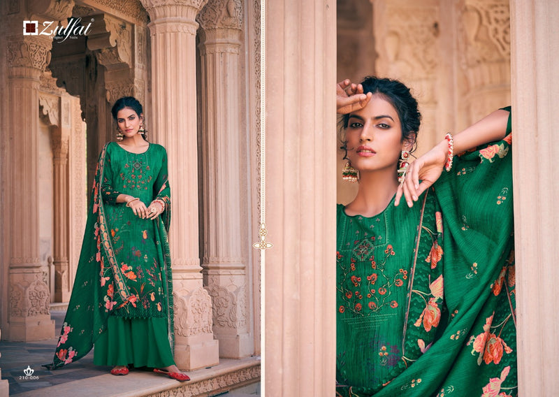 Zulfat Designer Suit Olive Pashmina Print Embroidered Work Salwar Kameez