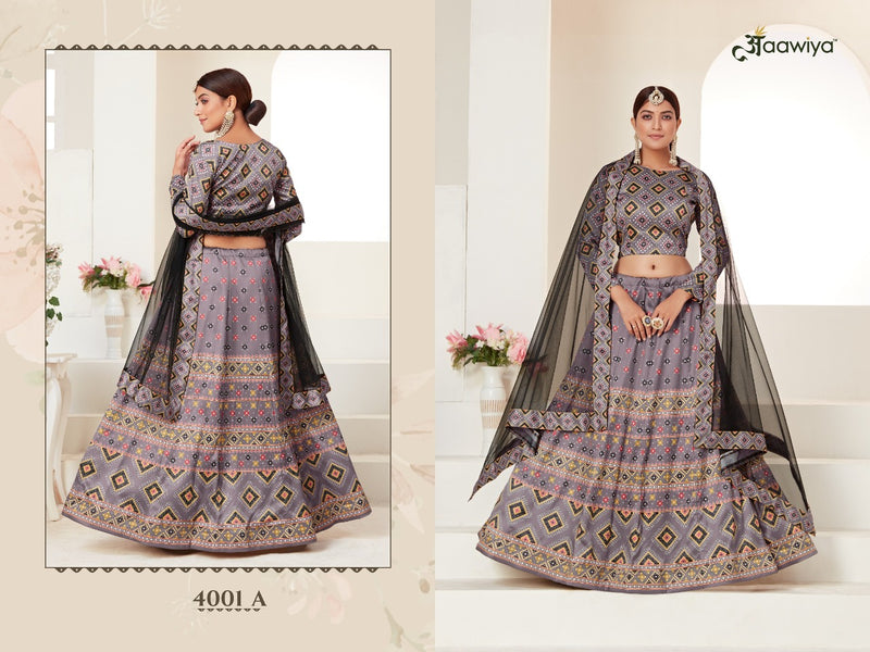 Aawiya Official Rosy 4001 A Ajmeri Silk Stylish Designer Party Wear Digital Printed Lehenga Choli