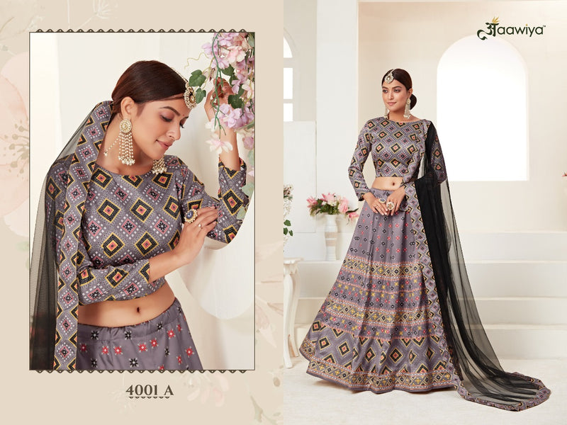 Aawiya Official Rosy 4001 A Ajmeri Silk Stylish Designer Party Wear Digital Printed Lehenga Choli