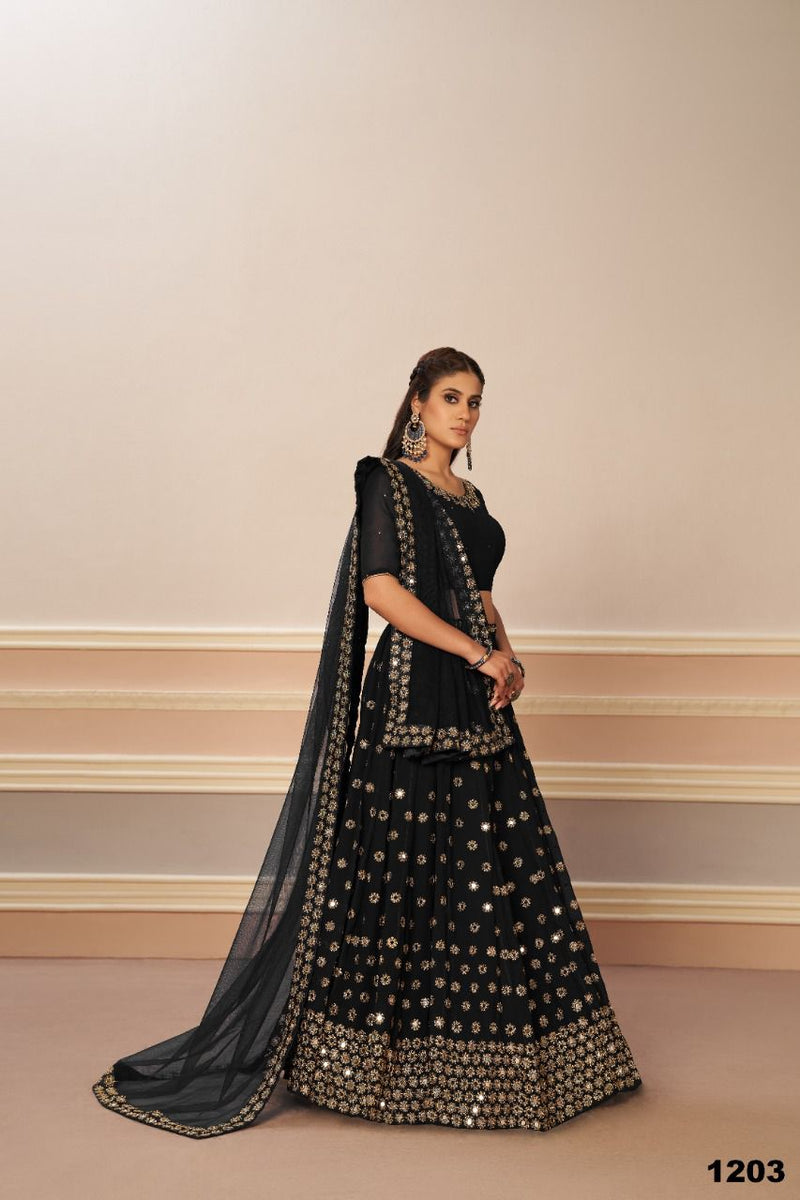 Aawiya Official 1203 Black Mirror Georgette Stylish Designer Party Wear Lehenga Choli